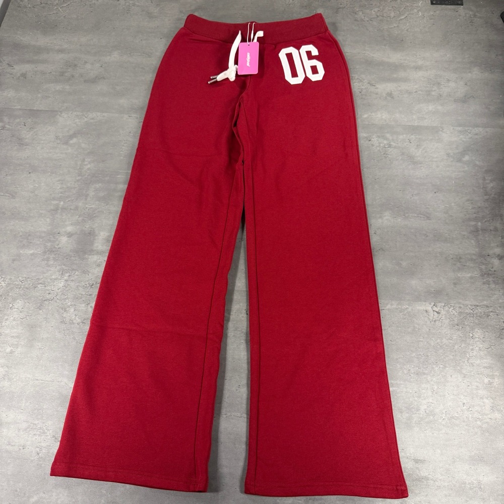 Edikted Sweatpants Women XS Wide Leg Flare Burgundy Red Wine Heritage College 06